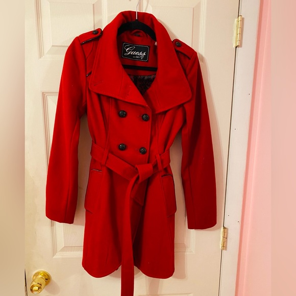 Nwt NEW Guess Red Wool Coat XS Button up winter pea tie belted peacoat jacket - Picture 2 of 15